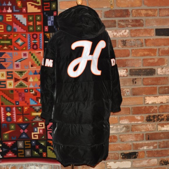 Black Silky Velvet Puffer Long Coat Sequin Pikachu Elmo DREAM "Don't Give Up" M - Picture 9 of 15